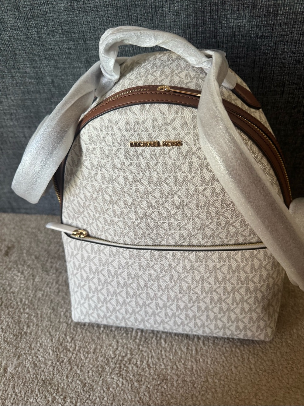 Michael Kors Cream Signature MK Logo Mini Backpack with Brown Trim